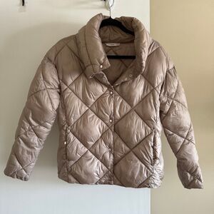 Mango MNG Satin Diamond Quilted Short Puffer Jacket High Neck Taupe Size XXS